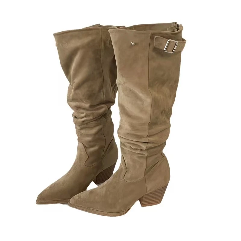 6NE 尖头靴牛仔拼接休闲两穿堆堆及膝长靴复古百搭骑士