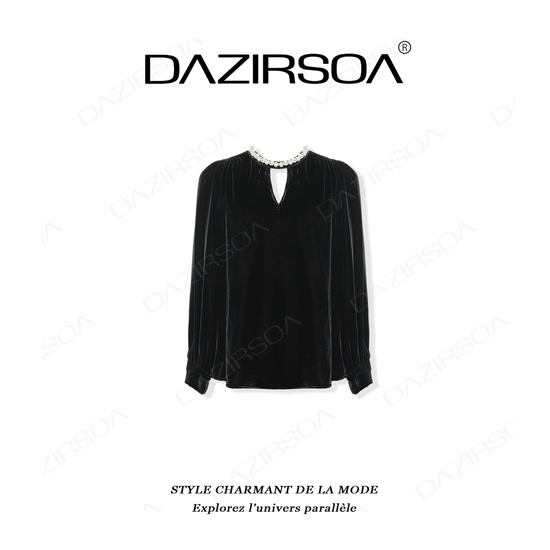 DAZIRSOA/达姿“丝与诗”法式洋气重工珍珠丝绒上衣 W917