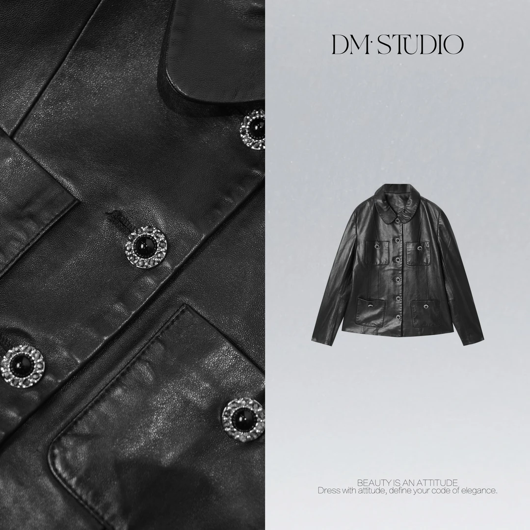 DEDM•STUDIO/气质高奢风油蜡翻领100%绵羊皮皮衣外套2507PY/2556