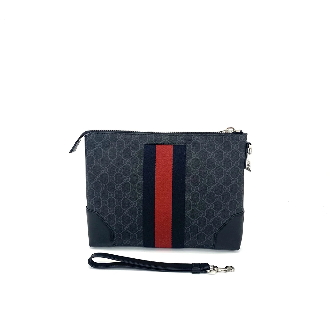 99新 GUCCI/古驰 经典时尚休闲黑老花红蓝织带手拿包 尺30/24男士