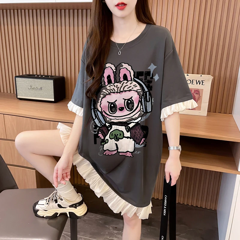 夏季宽松大码蕾丝拼接T恤裙女爆款时尚洋气设计感减龄纯棉连衣裙