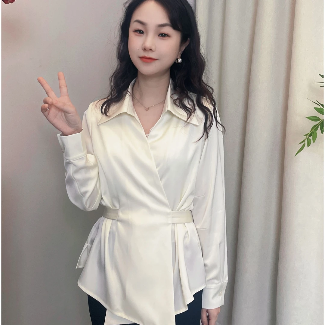 《小个子定制》春夏季百搭时尚设计感新款法式长袖收腰绑带衬衫上衣