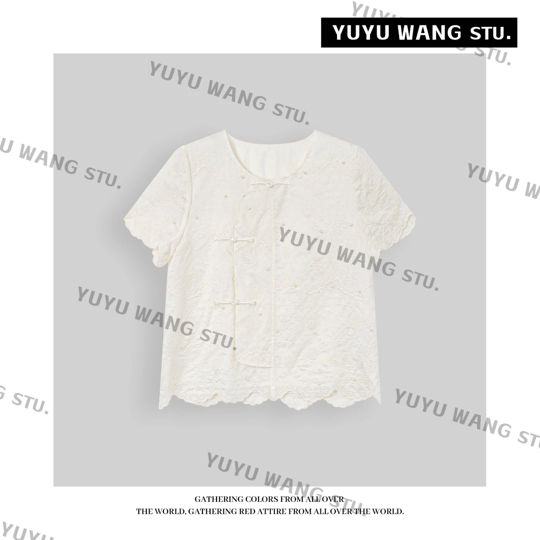 YUYU WANG【茶榆】新中式国风圆领盘扣上衣女白色老钱风高级感衬衫