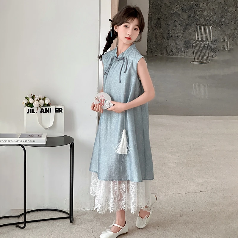 2025新款儿童连衣裙女童中国风中大童新中式蕾丝无袖古典公主裙仙