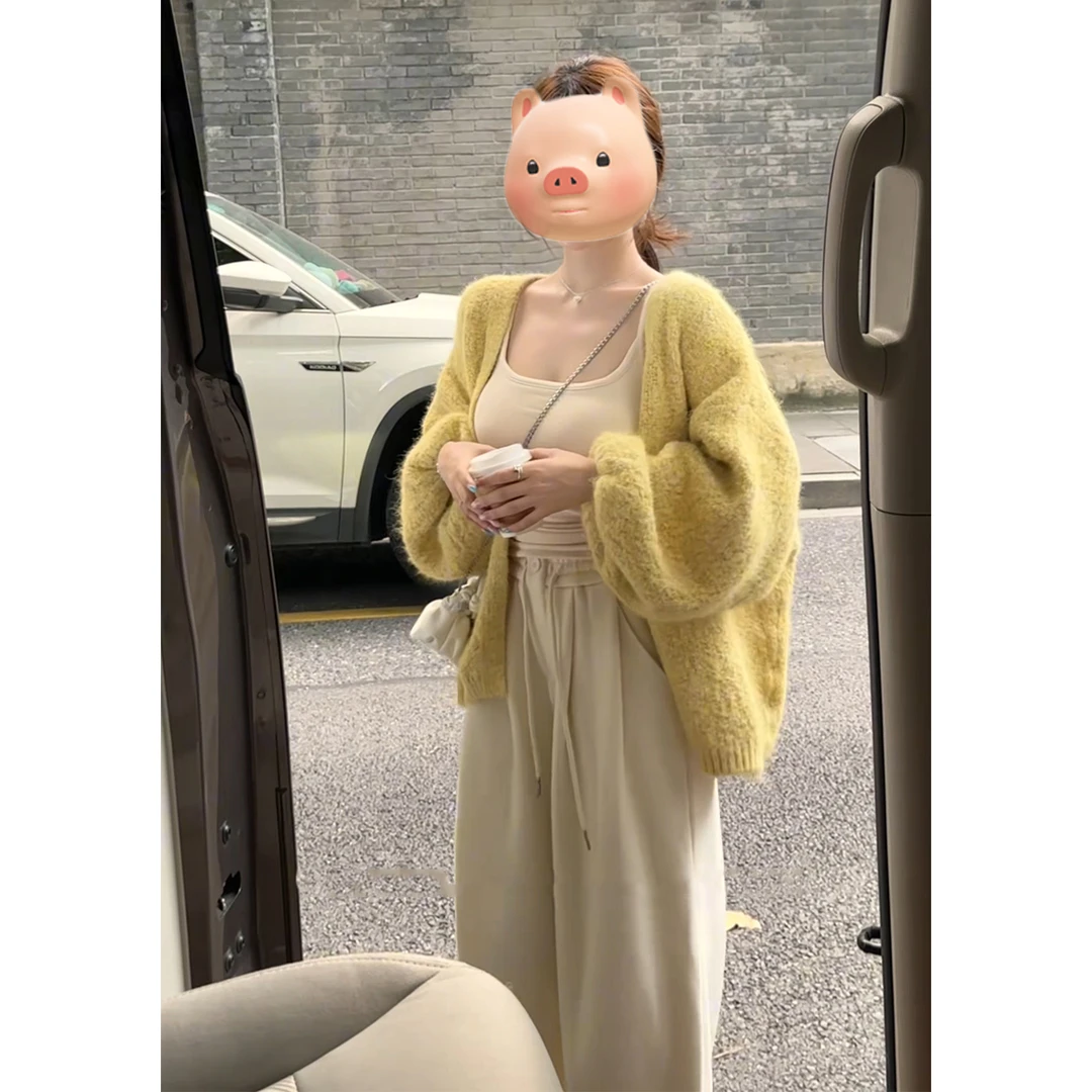 法式灯笼袖黄色毛衣开衫女秋冬季慵懒风针织外套独特漂亮早秋上衣