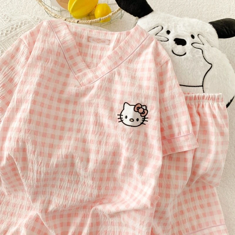 睡衣女童短袖短裤卡通甜美云朵棉V领套装中大童夏季空调家居服