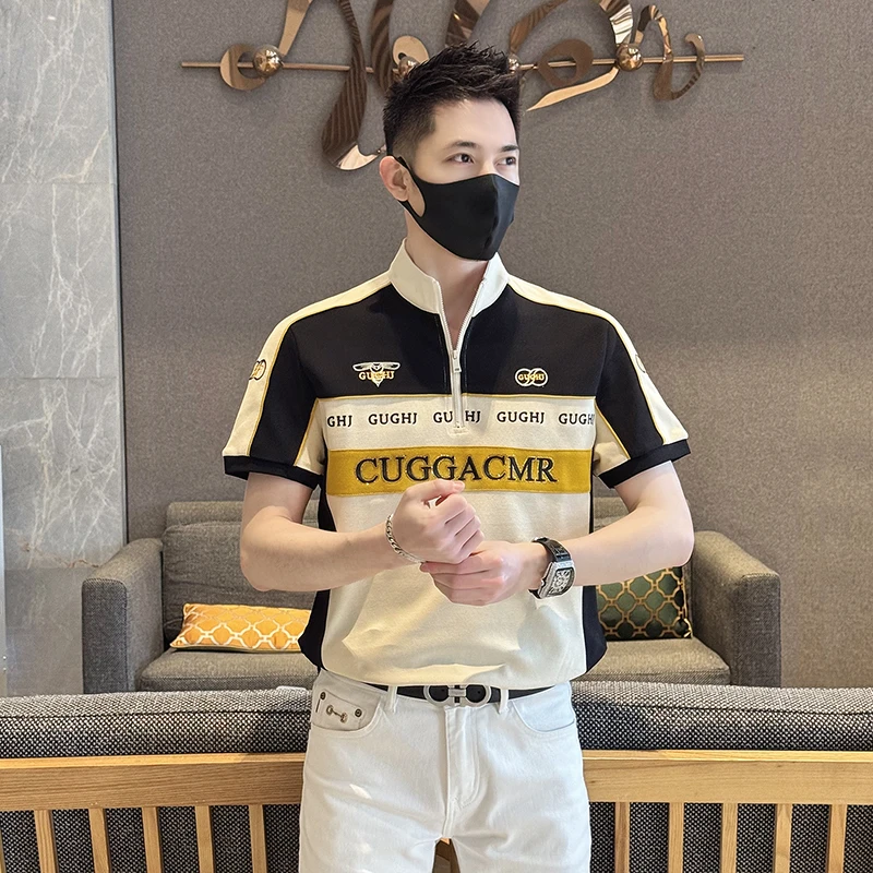 2025夏季新款男士POLO衫时尚刺绣撞色立领拼接男款轻奢潮流百搭男