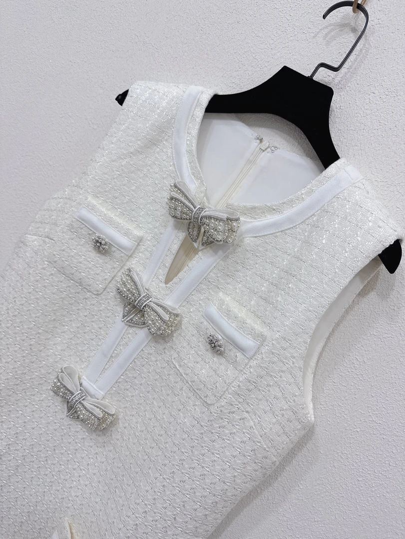 （sisi家）象牙白小香风珍珠蝴蝶结无袖连衣裙洋气白色裙子气质轻奢