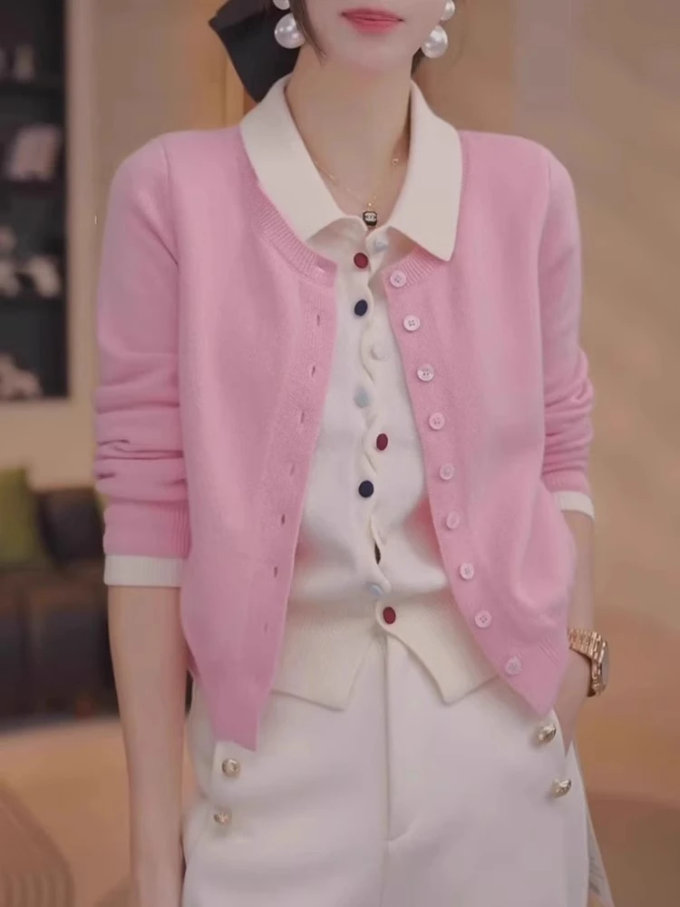 假两件彩扣翻领针织开衫女款毛衣外套2025年春季新款慵懒长袖上衣