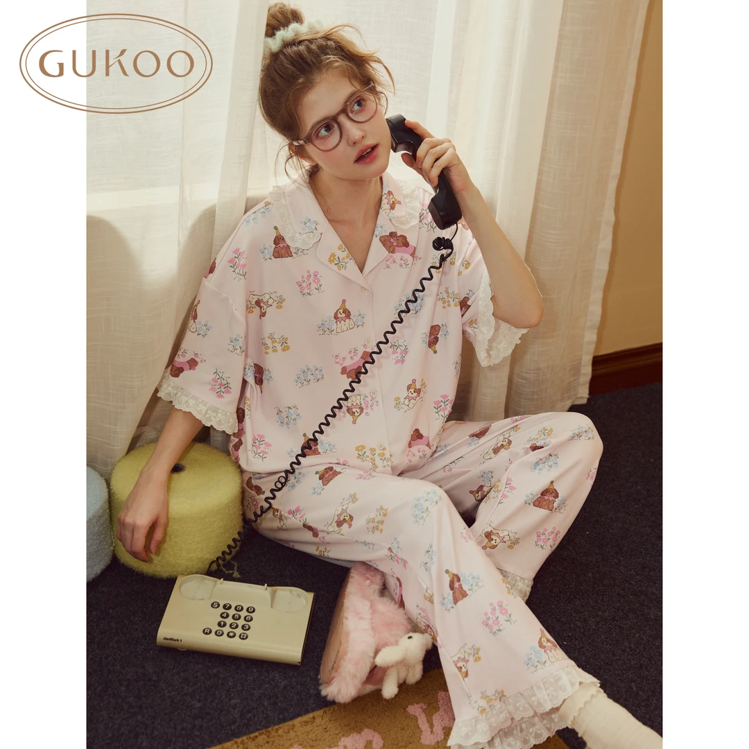 Gukoo/果壳小狗满印短袖家居服套装春秋可爱甜美蕾丝花边长裤