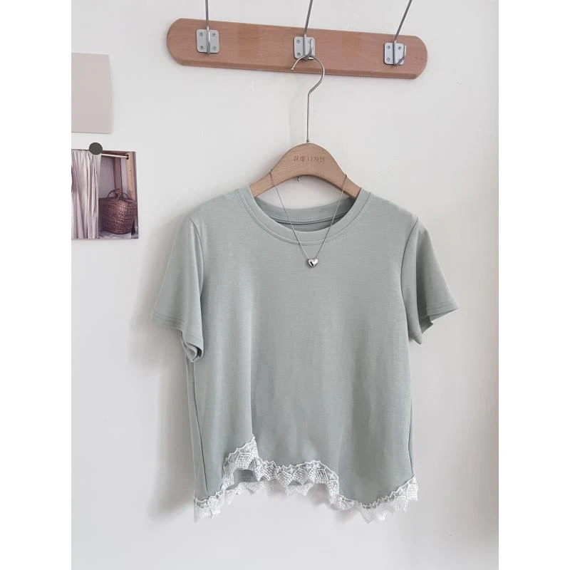 【茉茉奶绿】A东大门韩系2025夏款不规则蕾丝花边设计感减龄T恤2708
