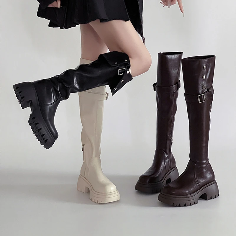 OJRZ复古风加绒两穿翻折粗跟过膝靴女2025冬季新款显瘦时装靴子