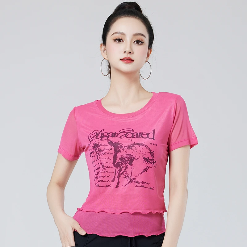 XVRV网纱印花短袖2025夏季新款运动健身服跳舞服修身显瘦舒适T恤