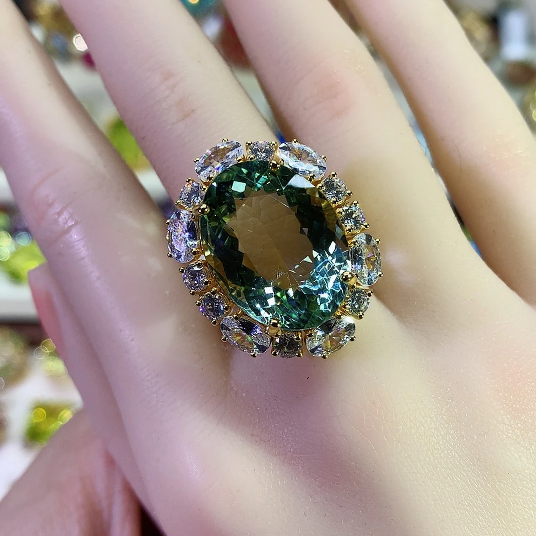 绿水晶戒指银S925镀金镶嵌