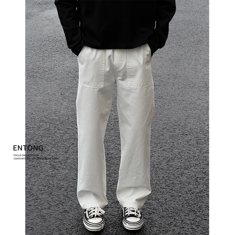 Entong日系复古cleanfit白色宽松直筒休闲裤男士夏季上新百搭长裤