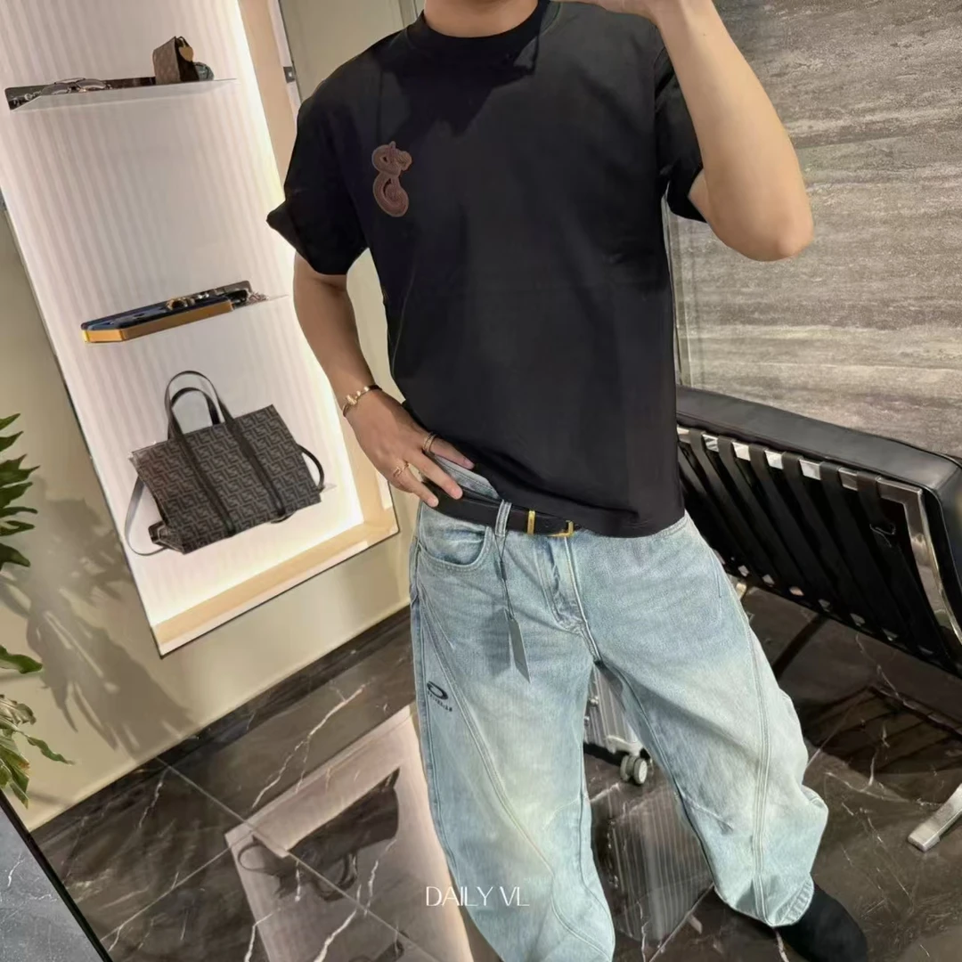 胸口蛇纹立体无痕B字母男士纯棉微宽松圆领休闲时尚印花短袖1531