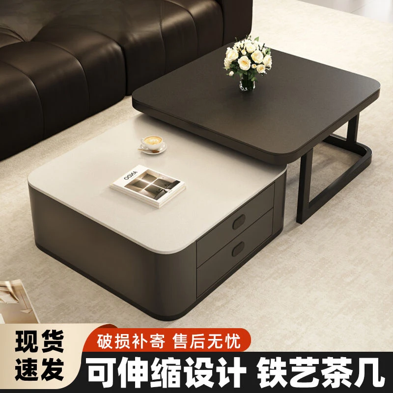 简约岩板茶几客厅家用新款小户型方形玻璃轻奢实木电视柜组合~D