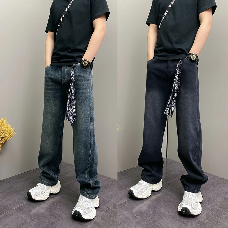 DOEA冬季男士加绒运动高街运动百搭美式阔腿裤复古时尚牛仔裤子男