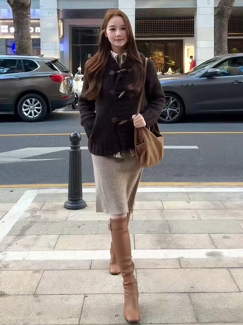 冬季御姐气质休闲温柔风时尚套装法式修身翻领针织衫高腰半身裙潮