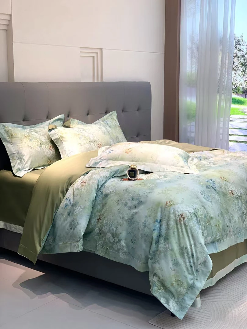 数码印花天丝棉200s拼角四件套卿云-绿--标准/加大