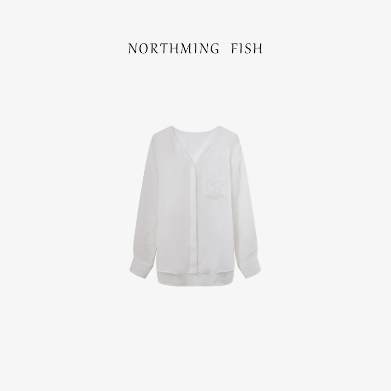 NORTHMING FISH 苎麻+莱赛尔 V领长袖衬衫蕾丝宽松显瘦上衣