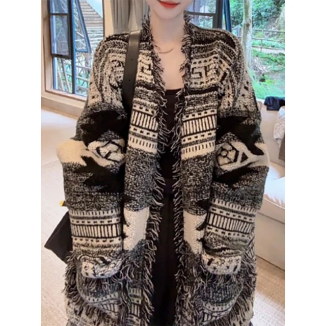 秋季穿搭女装瘦上衣毛边新款风开衫女宽松流苏2025毛衣外套慵懒显