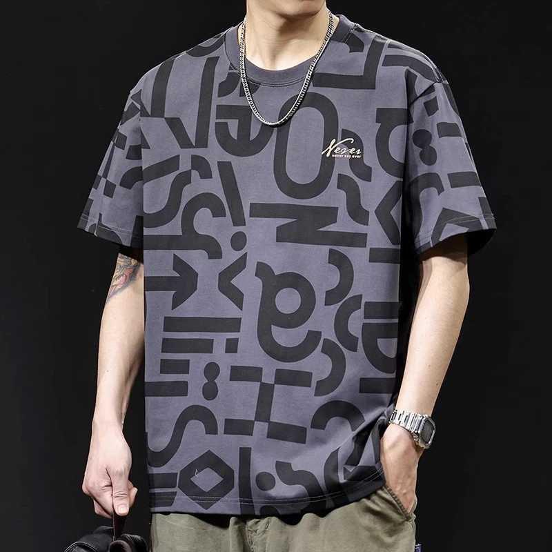 潮牌印花短袖t恤夏季2025新款高端男士潮流百搭大码美式男款体恤