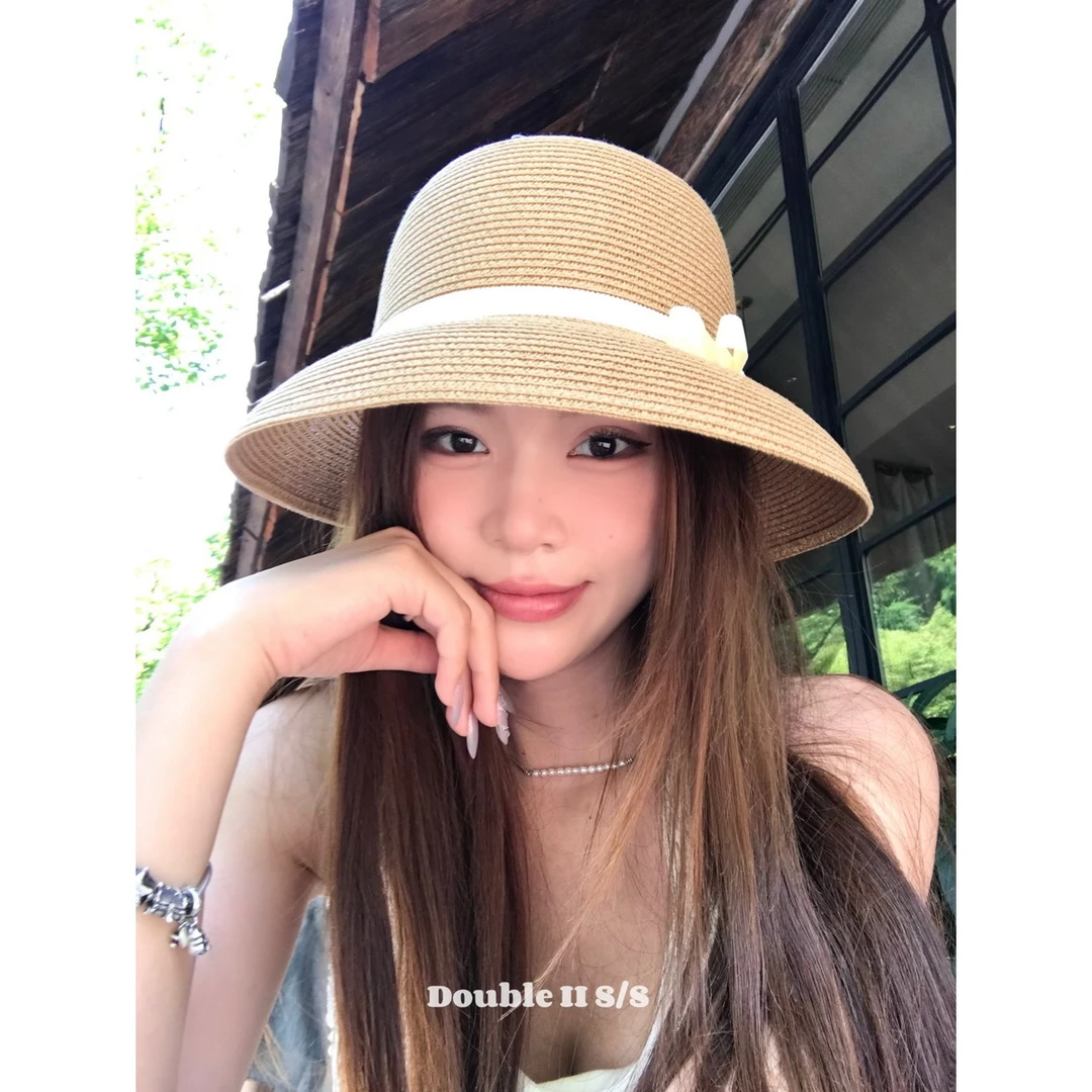 double i i 法式赫本风蝴蝶结千金草帽女夏百搭遮阳出游平顶礼帽