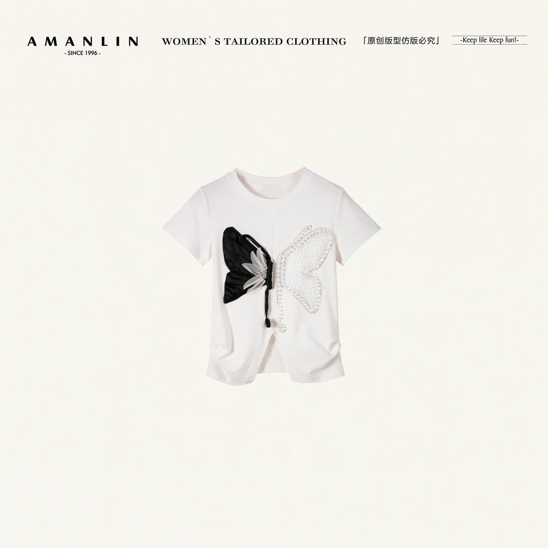 AMANLIN/阿谩琳欧若风白色重工蝴蝶立体装饰开叉正肩上衣D599318