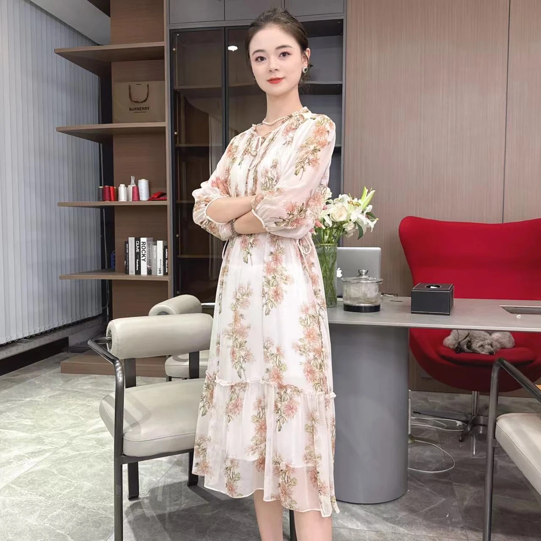 优雅花朵宽松腰夏天桑蚕丝女装修身花色夏季连衣裙裙子时尚气质