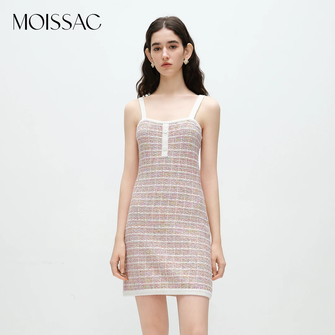 MOISSAC摩萨克 2025春小香风格纹针织吊带连衣裙MWDC31703