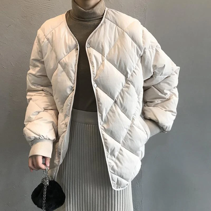 1814【金拐子专属】新款设计感菱格2025冬季外套小个子杏白色棉服