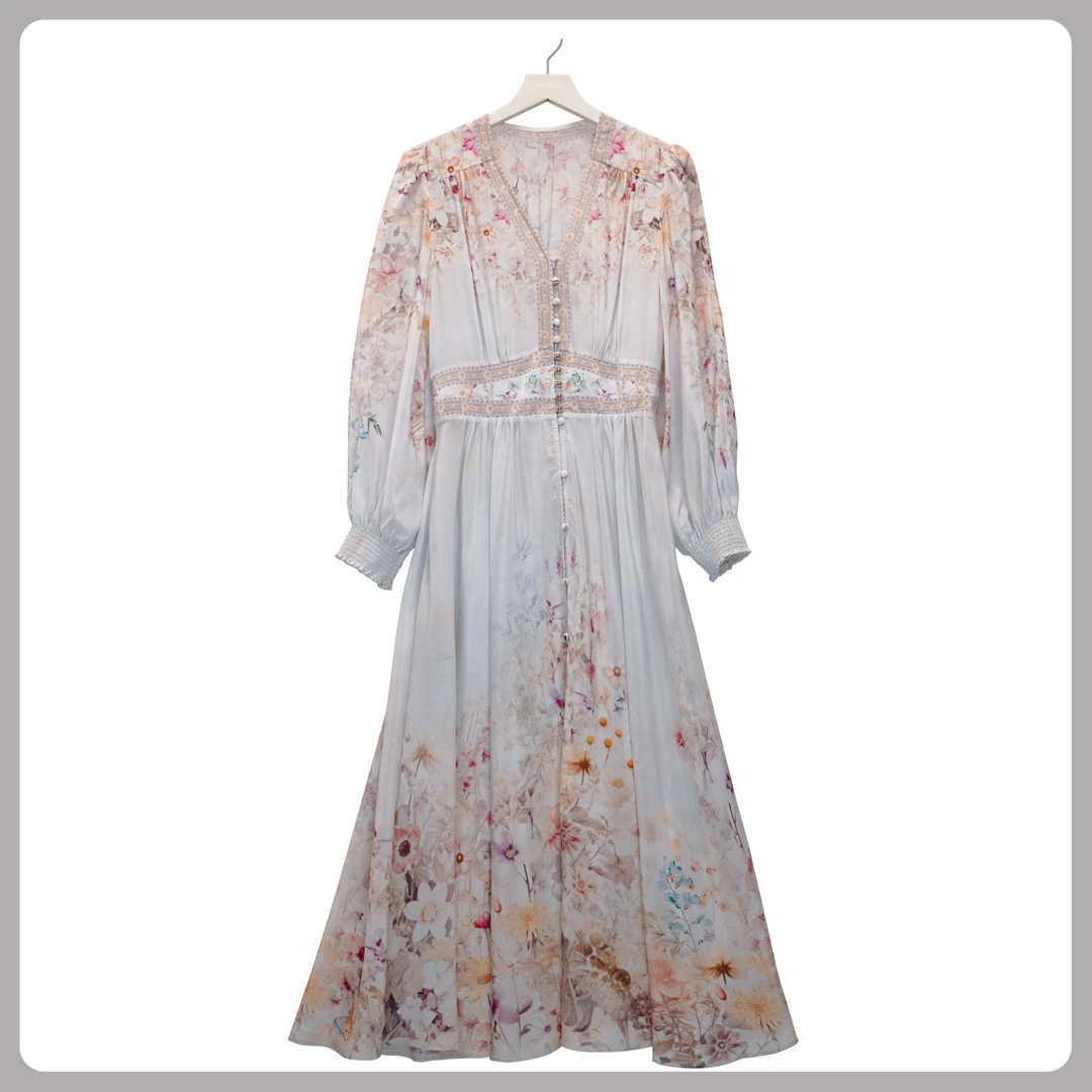 【烟雨江南】百分百桑蚕丝定位花高贵度假风连衣裙