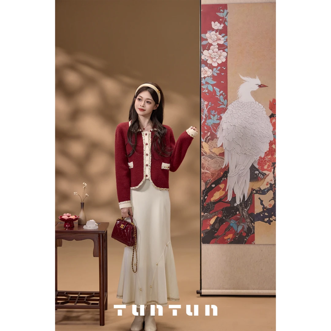 吞吞TUNT【金箔玫瑰 杏色】步步生莲 丝绒鱼尾摆半身裙4