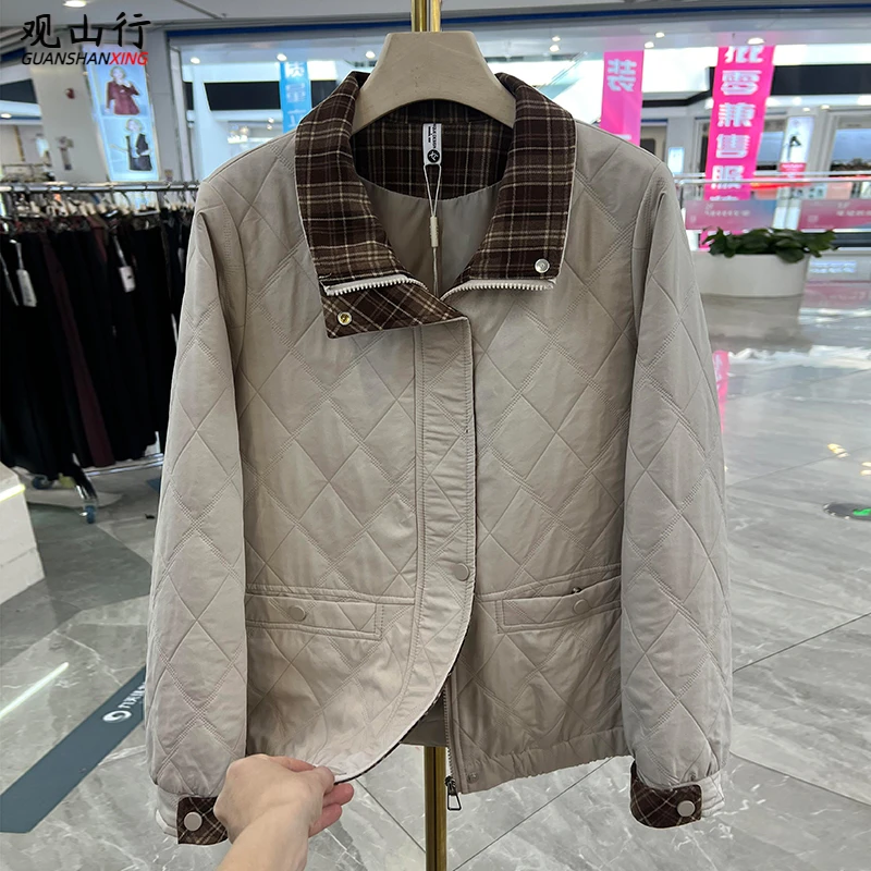 时尚妈妈装拼色格子立领外套短款春秋新款洋气宽松中老年夹克上衣