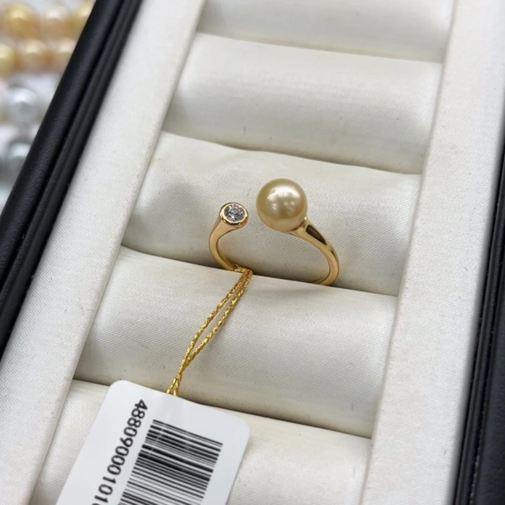 银S925镶嵌金珠戒指6-7mm 60号海水珍珠