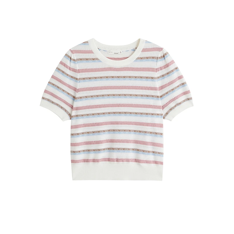 多巴胺条纹薄针织衫2025夏季女装新款气质泡泡袖显瘦宽松上衣