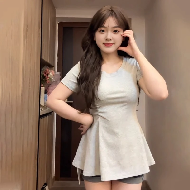 大码胖mm设计感U领T裙正肩短袖上衣女夏季遮肚子百搭显瘦别致T恤