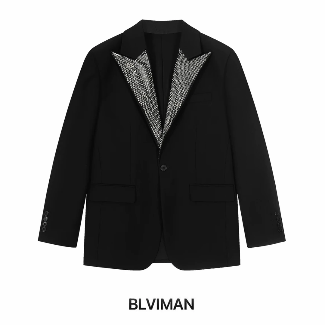 25SS重工戗驳领烫钻黑色轻奢西装6108