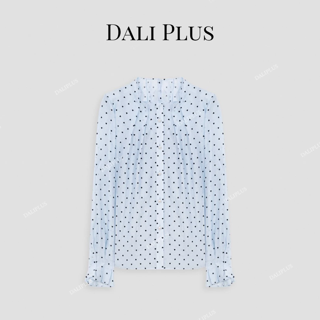 DALI PLUS植绒爱心波点优雅法式压褶设计小格纹天丝衬衫-D5ST1050