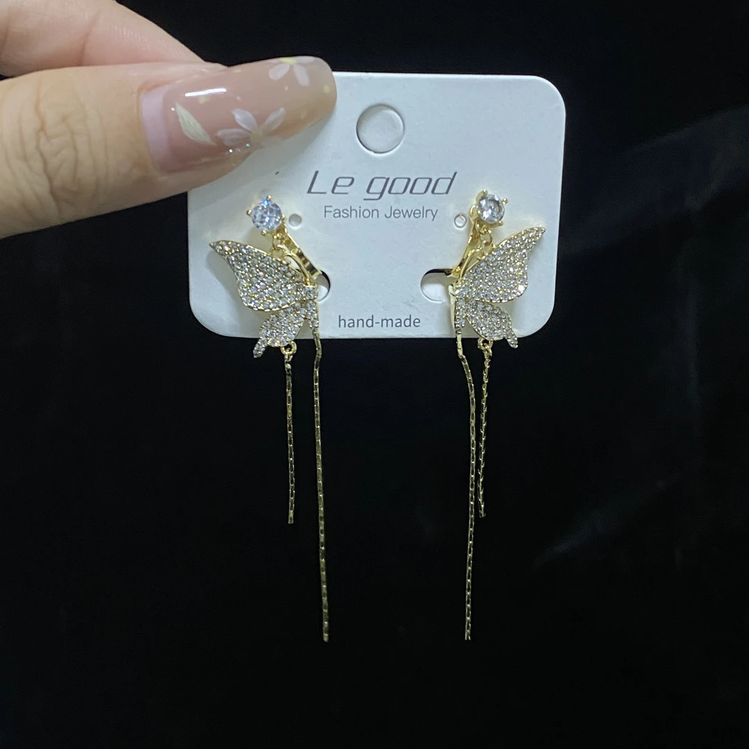 钛钢耳饰 蝴蝶流苏耳钉  9012