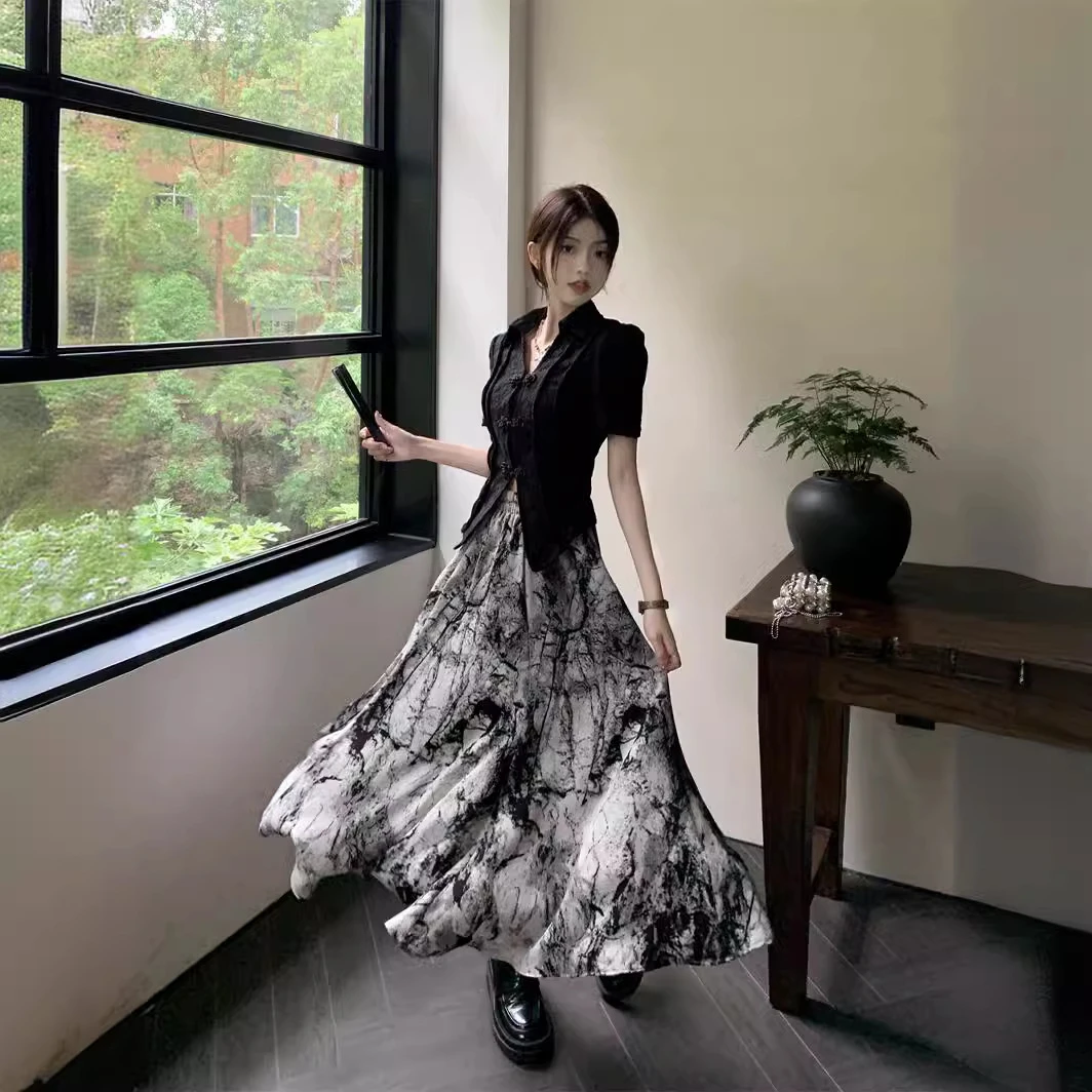 大码新中式国风套装短袖衬衫女夏季胖MM水墨半身裙子设计感两件套