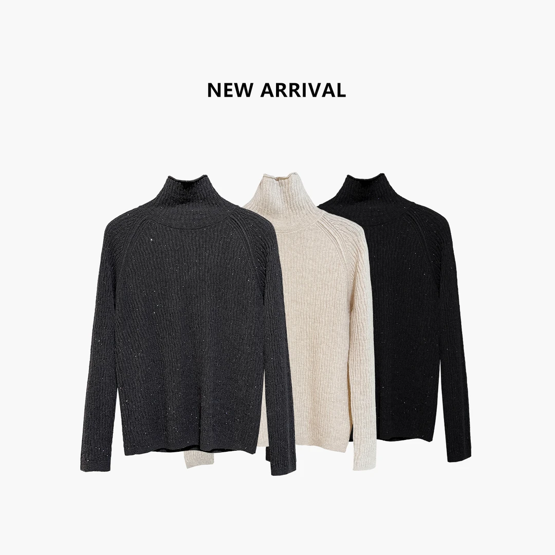 新款加厚保暖高领亮丝毛衣女慵懒风高级感纯色打底针织衫LDS1415