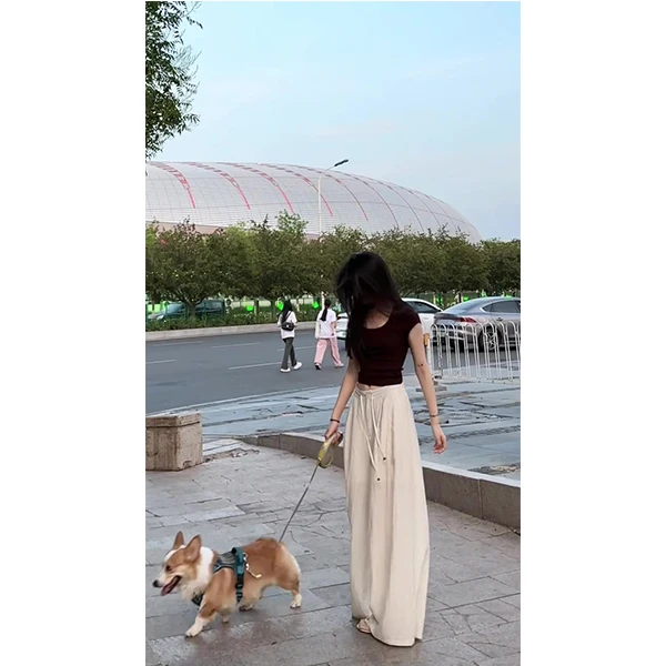 2025夏季韩系U领针织衫内搭修身显瘦短袖t恤女夏季裤子两件套装