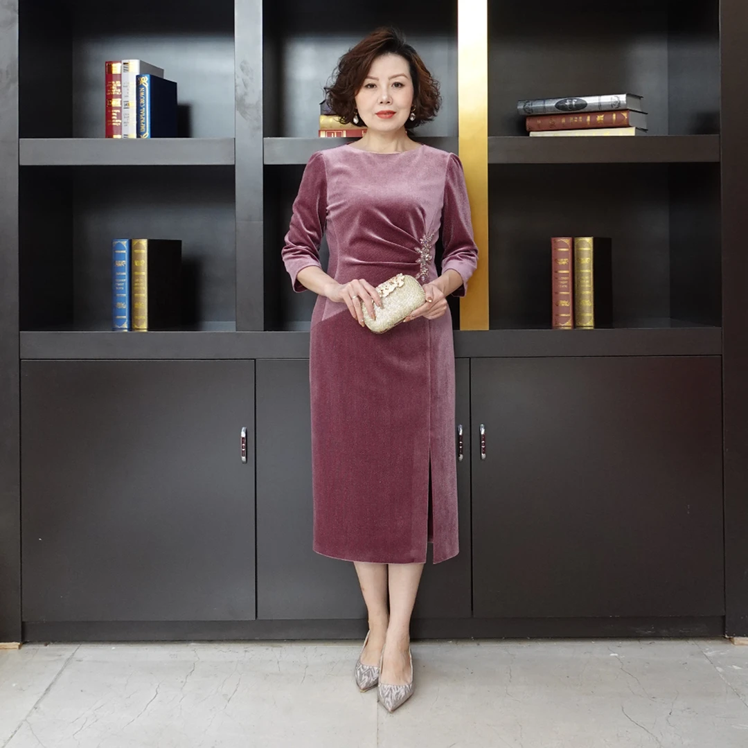 YINGDAK/应大烟熏紫丝绒七分袖连衣裙喜婆婆喜妈妈装场合装礼服裙
