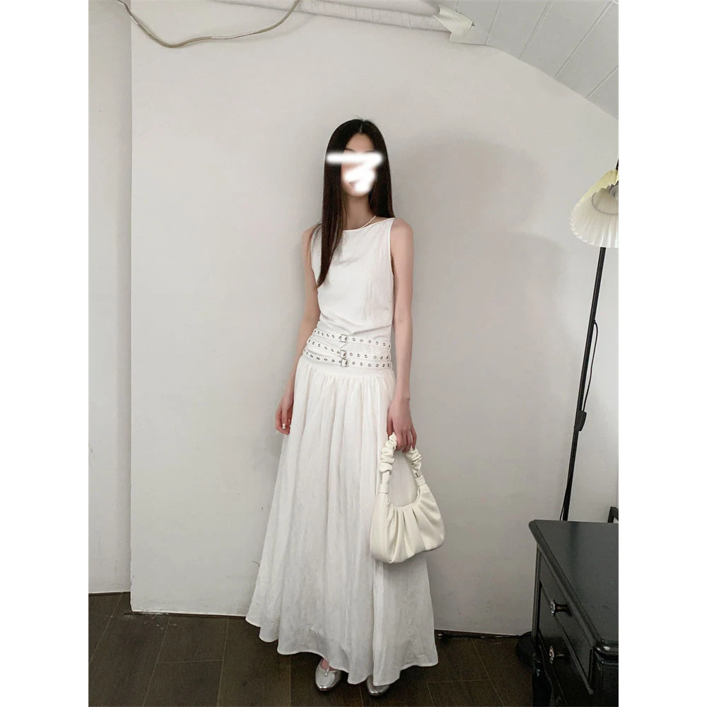 绝美帝政风白色背心连衣裙女夏日修身裙子阿尔忒弥斯中长裙含腰带