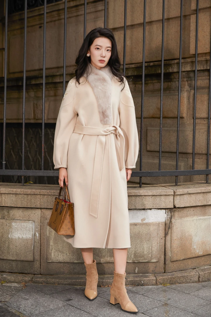 经典长款气质秋冬季毛呢百搭绵羊毛水貂毛领风衣外套女YN-470337