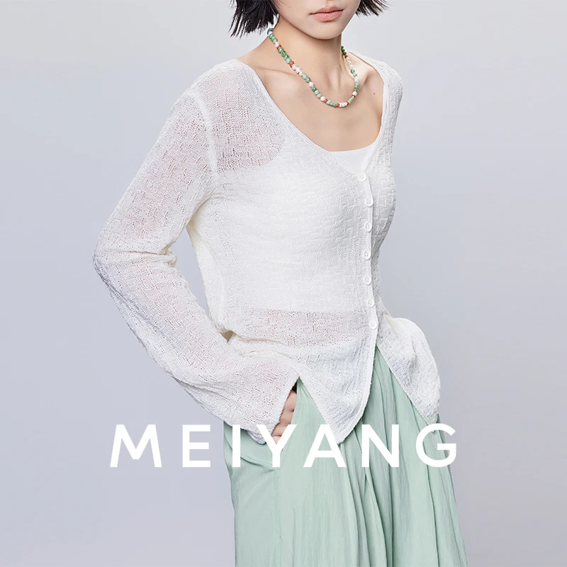 A美洋MEIYANG 【商场同款】沙冰开衫 轻薄森系镂空V领针织衫-周五