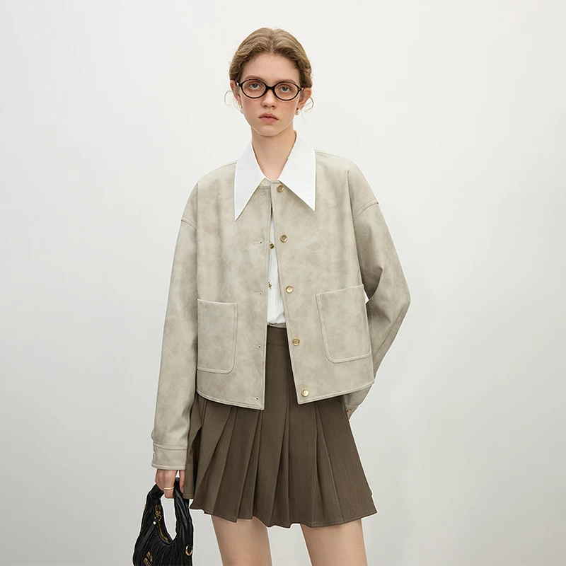 范思蓝恩休闲干练设计感短款皮衣外套2025春新款PU皮革25FS11159