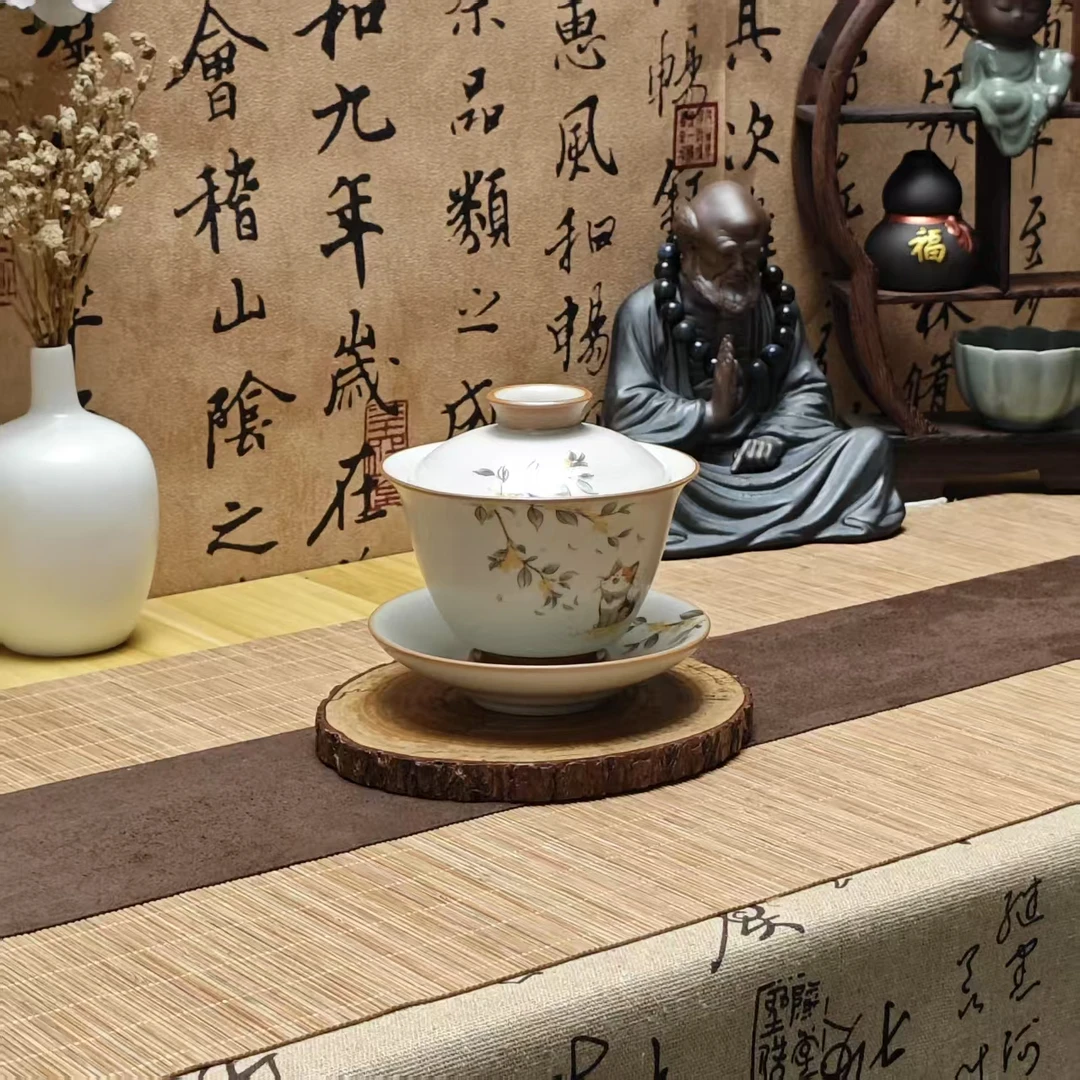 汝窑米黄色萌猫三才盖碗单个带盖泡茶碗开片可养陶瓷家用功夫茶具